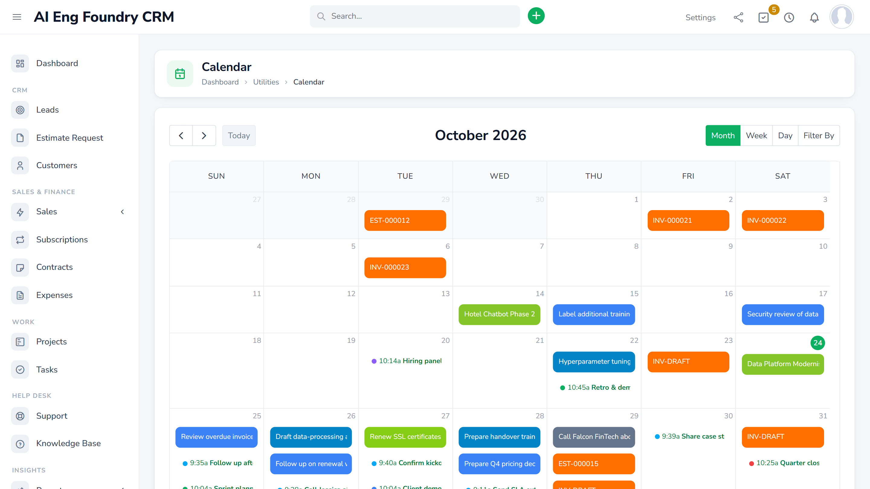 Monthly calendar showing invoice due dates, tasks, projects and events