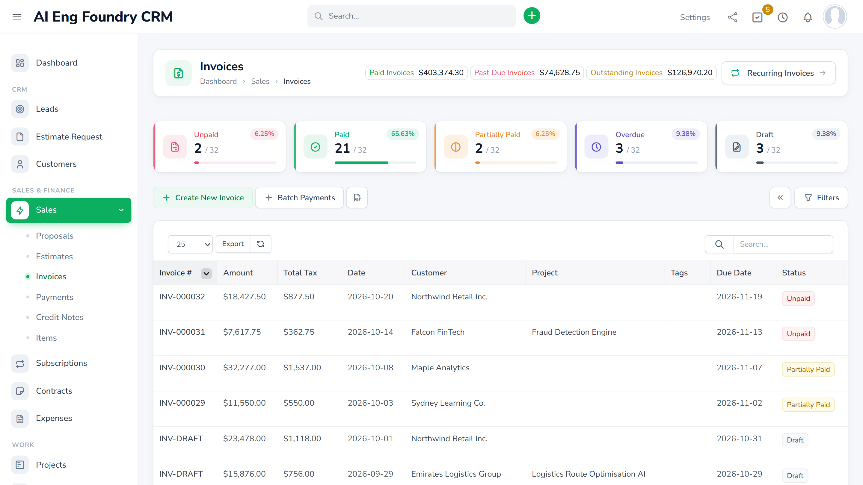 Invoices page with unpaid, paid, partially paid, overdue and draft counters
