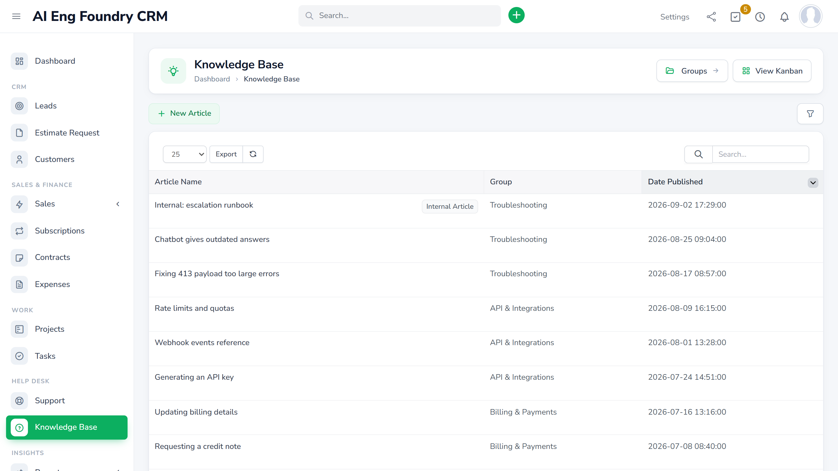 Knowledge base article list grouped by Troubleshooting, API and Billing