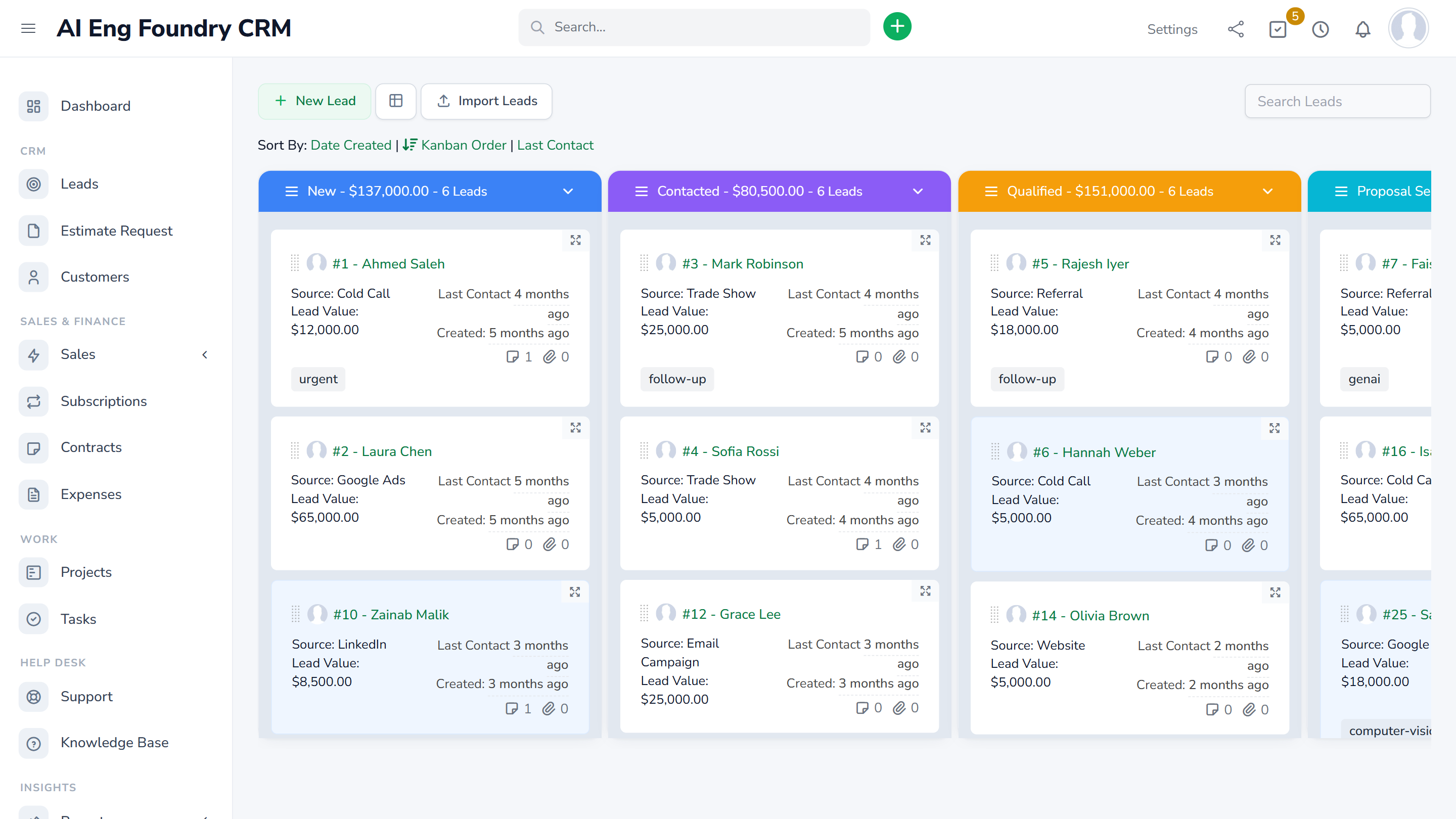 Leads Kanban board with New, Contacted, Qualified, Proposal Sent and Negotiation columns