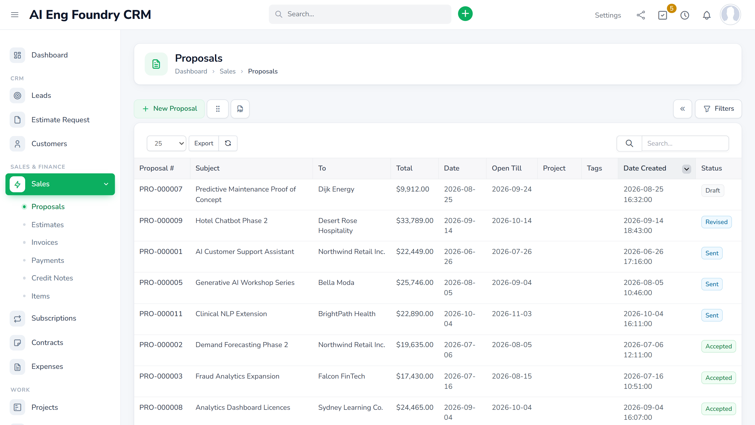 Proposals list showing subject, client, total, open-till date and status badges